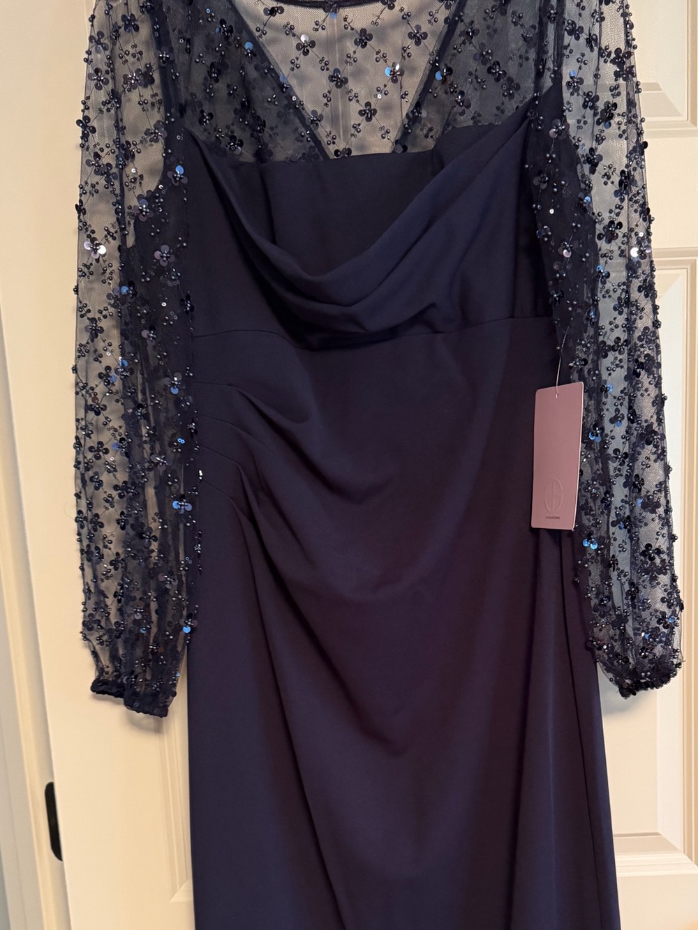 JS Collections Navy Long-Sleeve Beaded Evening Gown